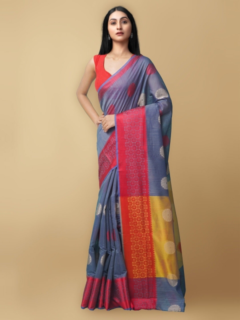 

Unnati Silks Blue & Red Ethnic Motifs Silk Cotton Baluchari Saree