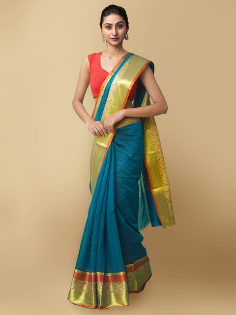

Unnati Silks Teal Blue & Gold-Toned Silk Cotton Baluchari Saree