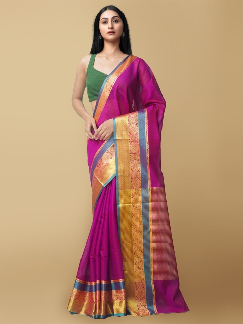 

Unnati Silks Violet & Gold-Toned Silk Cotton Baluchari Saree
