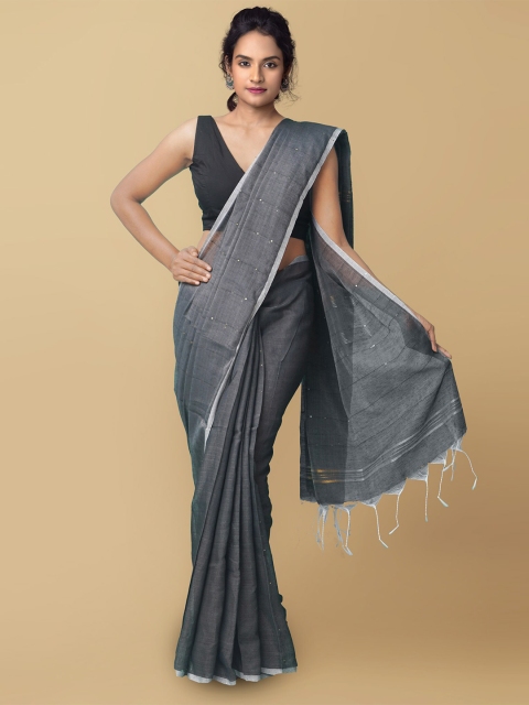 

Unnati Silks Grey & White Woven Design Pure Linen Handloom Jamdani Saree