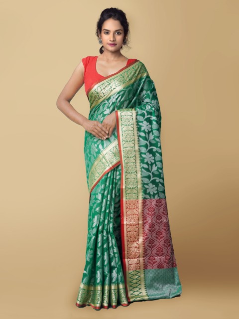 

Unnati Silks Green & Red Woven Design Zari Silk Cotton Baluchari Saree