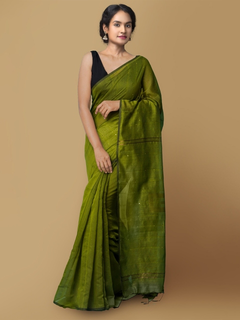

Unnati Silks Green & Gold-Toned Woven Design Pure Handloom Saree