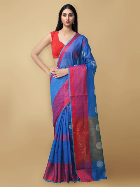 

Unnati Silks Blue & Red Woven Design Silk Cotton Baluchari Saree