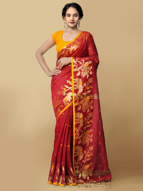 

Unnati Silks Maroon & Gold-Toned Ethnic Motifs Zari Pure Bengal Linen Jamdani Saree