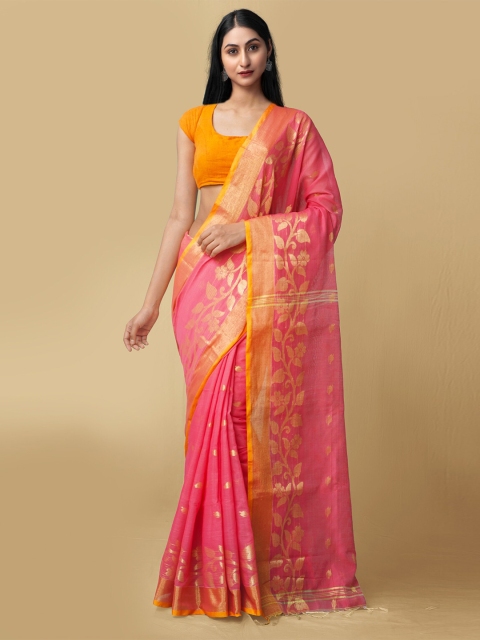 

Unnati Silks Pink & Yellow Woven Design Zari Pure Linen Jamdani Saree