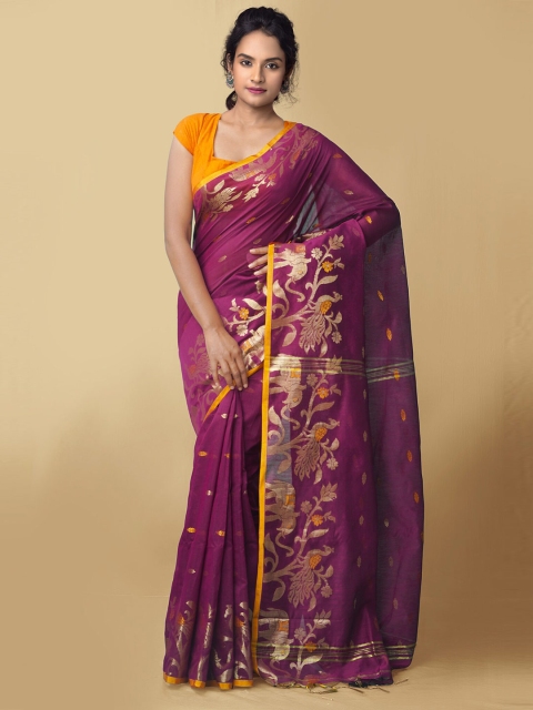 

Unnati Silks Purple & Yellow Woven Design Zari Pure Linen Jamdani Saree