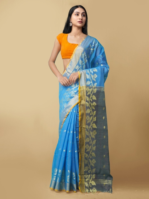 

Unnati Silks Blue & Gold-Toned Woven Design Pure Linen Jamdani Saree
