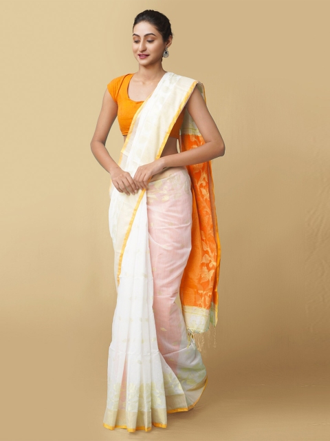 

Unnati Silks Off White & Orange Woven Design Zari Pure Linen Jamdani Saree