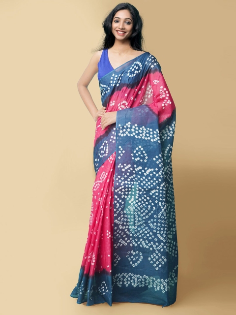 

Unnati Silks Pink & Blue Bandhani Pure Cotton Handloom Bandhani Saree