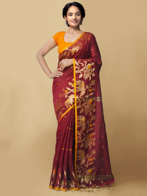 

Unnati Silks Maroon & Gold-Toned Woven Design Pure Linen Handloom Jamdani Saree