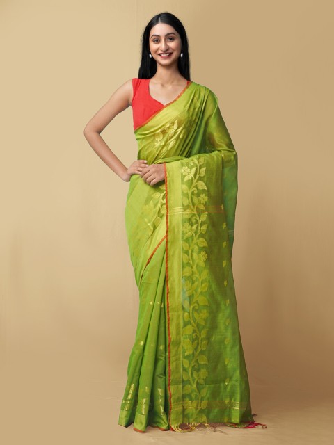 

Unnati Silks Green & Gold-Toned Woven Design Zari Pure Linen Jamdani Saree