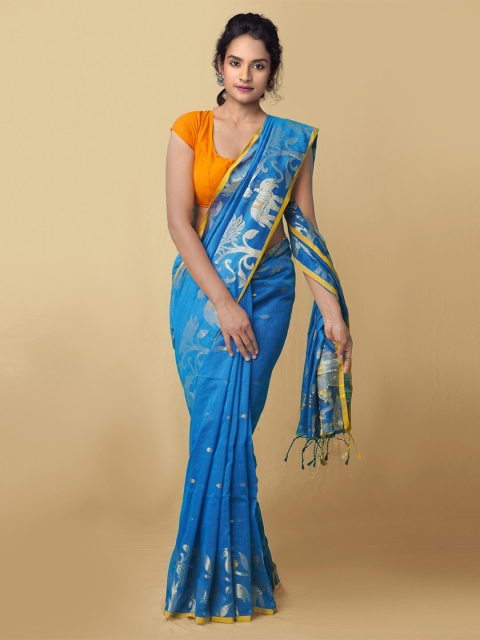 

Unnati Silks Blue & Gold-Toned Woven Design Zari Pure Handloom Bengal Linen Saree