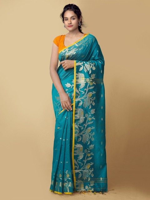 

Unnati Silks Sea Green & Yellow Woven Design Zari Pure Linen Jamdani Saree