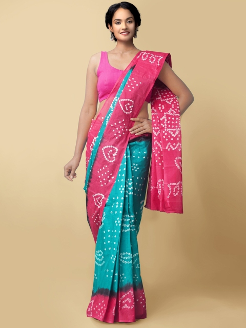 

Unnati Silks Women Sea Green & Pink Handloom Sustainable Pure Bandhani Cotton Saree