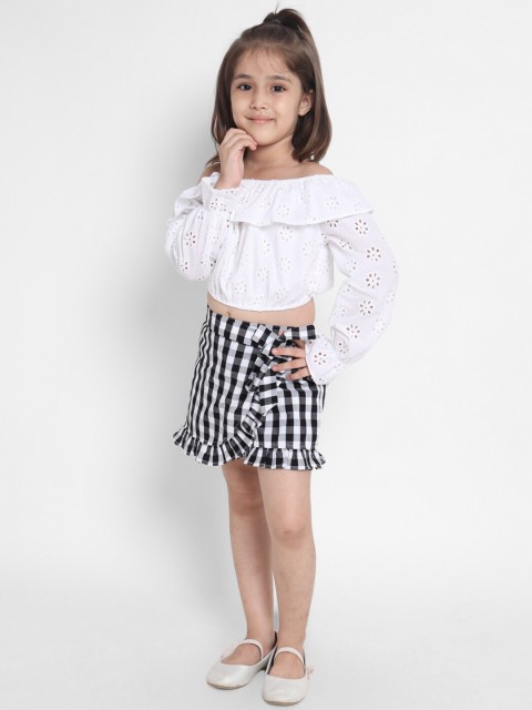 

Nauti Nati Girls White & Black Checked Pure Cotton Top with Skirt
