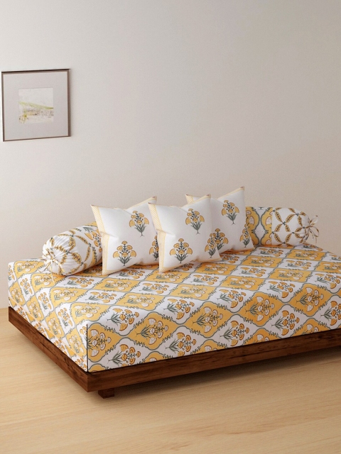 

Rajasthan Decor Set Of 6 Yellow & White Printed Cotton Bedsheet With Bolster & Cushion Covers