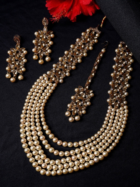 

NEUDIS Gold-Plated Brown Kundan-Studded & Pearl Beaded Jwellery Set