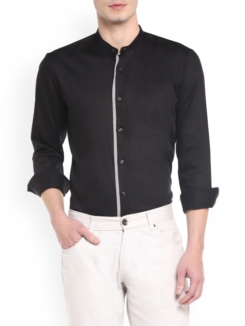 

HUGO Men Black Slim Fit Opaque Band Collar Casual Shirt