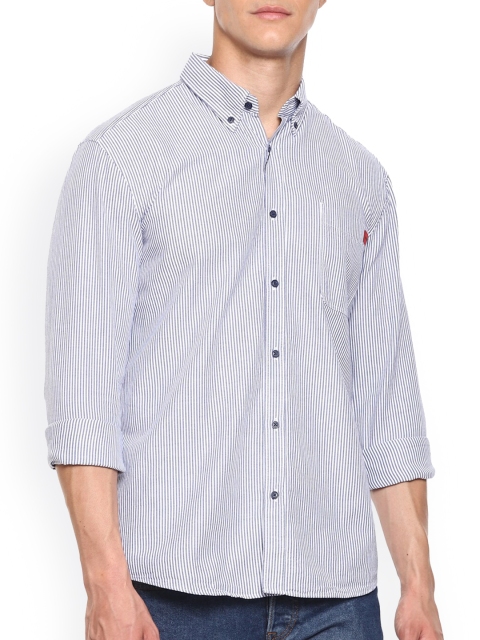 

HUGO Men Blue Micro Checks Opaque Striped Casual Shirt
