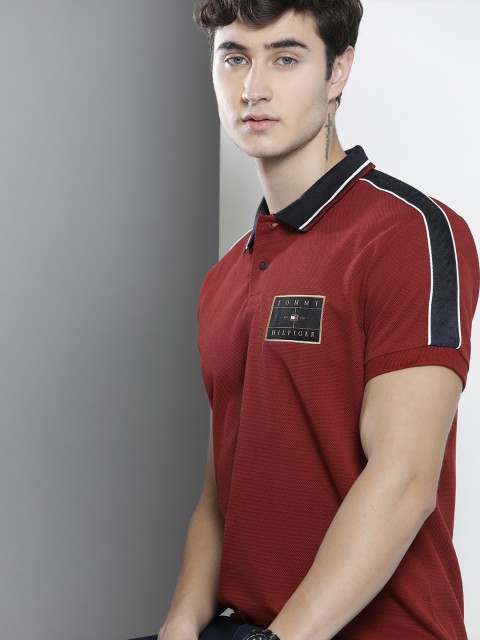 

Tommy Hilfiger Men Red Logo Printed Polo Collar T-shirt With Side Stripes