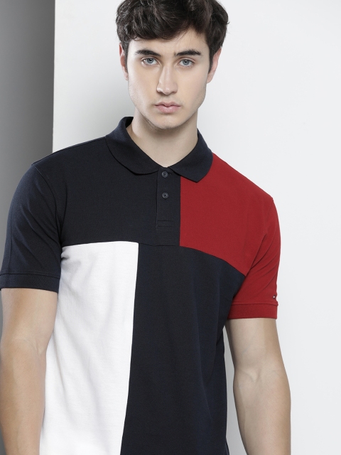

Tommy Hilfiger Men Navy Blue & Red Colourblocked Polo Collar T-shirt