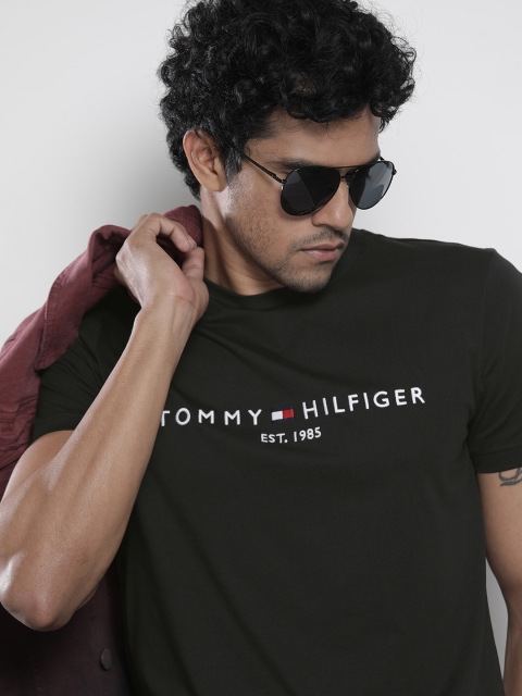 

Tommy Hilfiger Men Black Brand Logo Embroidered Pure Cotton T-shirt