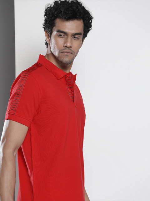 

Tommy Hilfiger Men Red Polo Collar Pure Cotton Sleeve Tape T-shirt