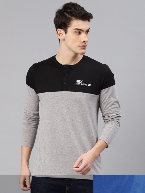 

HRX by Hrithik Roshan Men Pack Of 2 Grey Blue Colourlocked Rapd-Dry Pure Cotton T-shirts, Grey melange