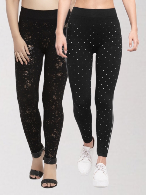 

KLOTTHE Women Pack Of 2 Black & Gold-Toned Printed Skinny Fit Jeggings