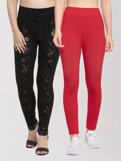 

KLOTTHE Women Pack Of 2 Black & Pink Printed Skinny Fit Jeggings