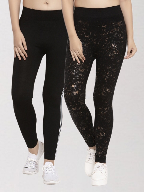 

KLOTTHE Women Pack Of 2 Black & Gold-Toned Printed Skinny Fit Jeggings