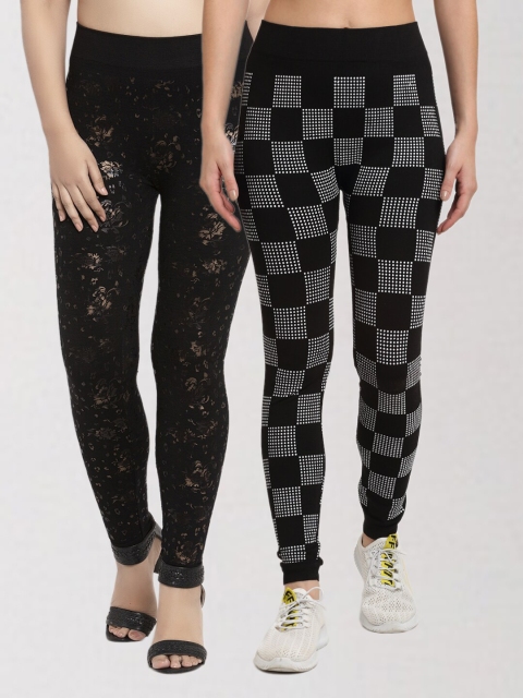 

KLOTTHE Women Pack Of 2 Black & Gold-Toned Printed Skinny Fit Jeggings