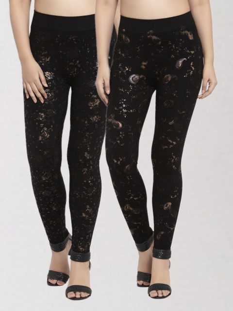 

KLOTTHE Women Pack Of 2 Black & Gold-Toned Printed Skinny Fit Jeggings