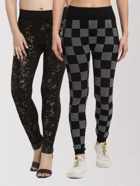 

KLOTTHE Women Pack Of 2 Black & Gold-Toned Printed Skinny Fit Jeggings