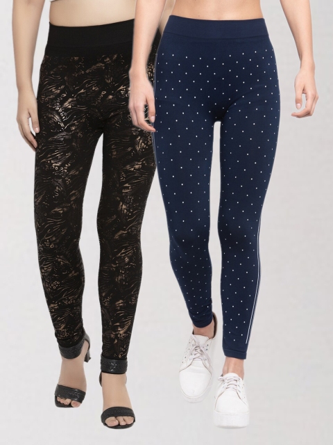 

KLOTTHE Women Pack Of 2 Black & Blue Printed Skinny Fit Jeggings