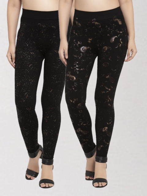 

KLOTTHE Women Pack Of 2 Black & Gold-Toned Printed Skinny Fit Jeggings