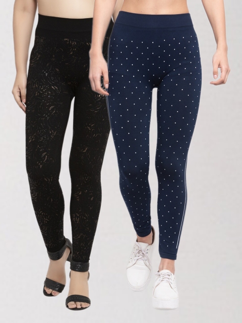 

KLOTTHE Women Pack Of 2 Black & Navy Blue Printed Skinny Fit Jeggings