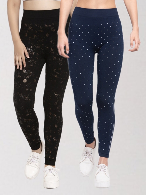 

KLOTTHE Women Pack Of 2 Black & Blue Printed Skinny Fit Jeggings