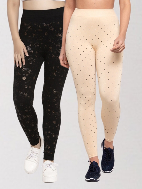 

KLOTTHE Women Pack Of 2 Black & Beige Printed Skinny Fit Jeggings