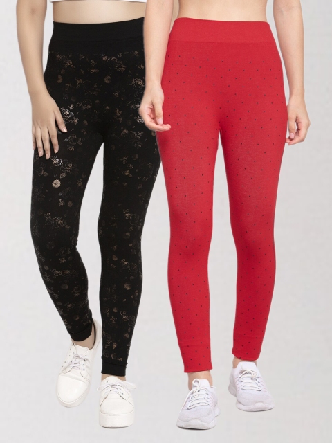 

KLOTTHE Women Pack Of 2 Black & Red Printed Skinny Fit Jeggings
