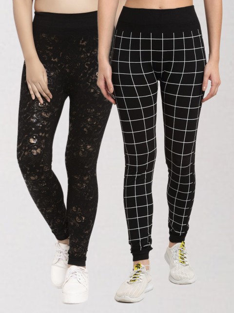 

KLOTTHE Women Pack Of 2 Black & Gold-Toned Printed Skinny Fit Jeggings