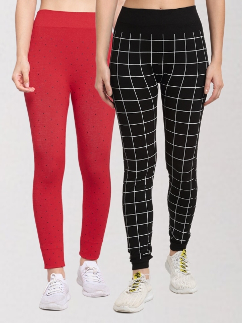 

KLOTTHE Women Pack Of 2 Black & Red Printed Skinny Fit Jeggings
