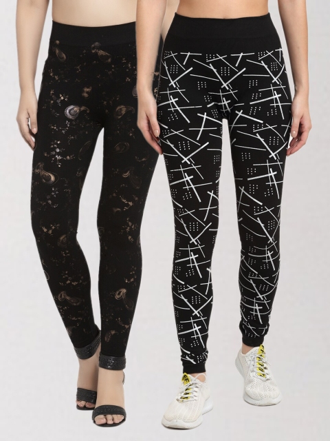 

KLOTTHE Women Set of 2 Multicolored Printed Skinny Fit Jeggings, Multi