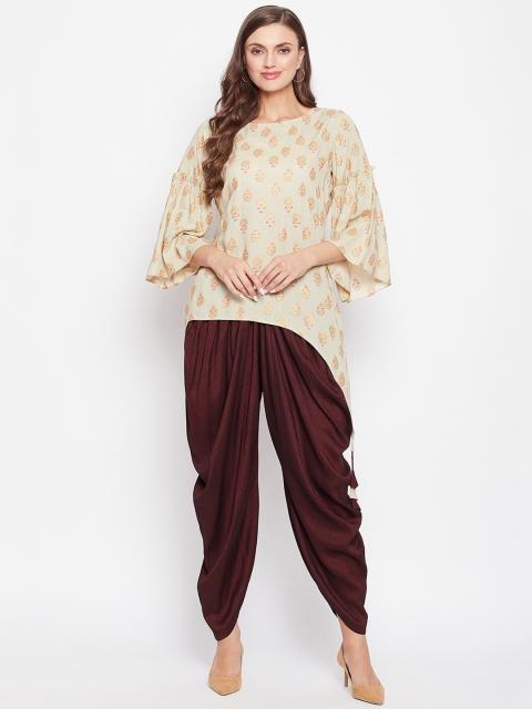 

Bitterlime Women Beige Floral Panelled Kurti with Patiala