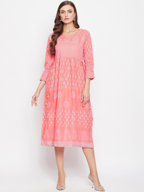 

Bitterlime Women Peach-Coloured Ethnic Motifs Printed Keyhole Neck Block Print Handloom Anarkali Kurta