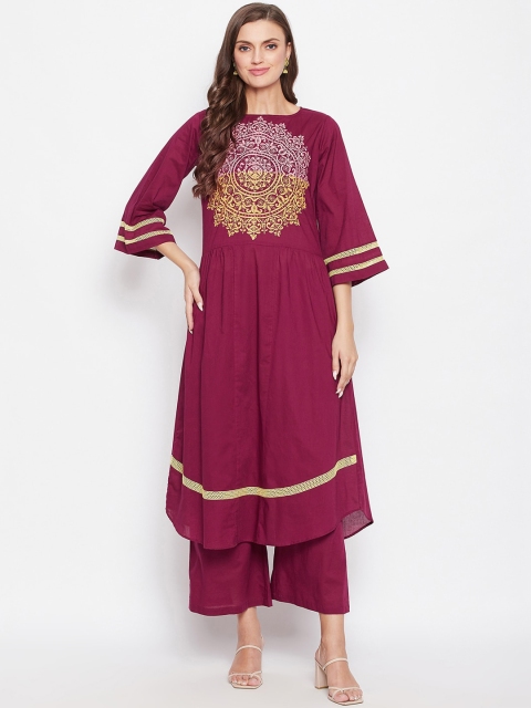 

Bitterlime Women Maroon Ethnic Motifs Yoke Design Printed Pure Cotton Kurta with Palazzos