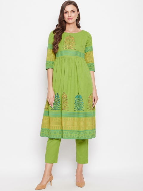 

Bitterlime Women Green & Yellow Ethnic Motifs Pure Cotton Kurta With Trousers & Dupatta