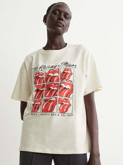 

HM Women Beige Red Rolling Stone Oversized Printed Pure Cotton T-shirt