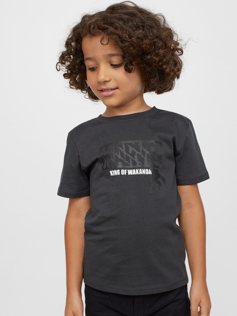 

H&M Boys Black & White Pure Cotton Black Panther Printed T-shirt