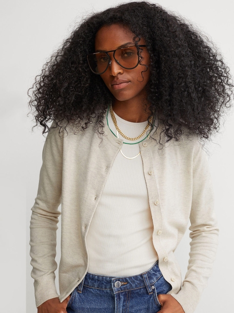 

H&M Women Beige Solid Fine-Knit Cardigan